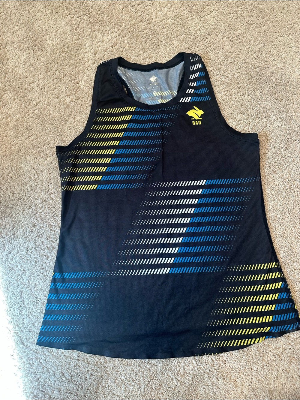 RAD Women's Black Athletic Tank Top with Blue and Yellow Stripe Accents